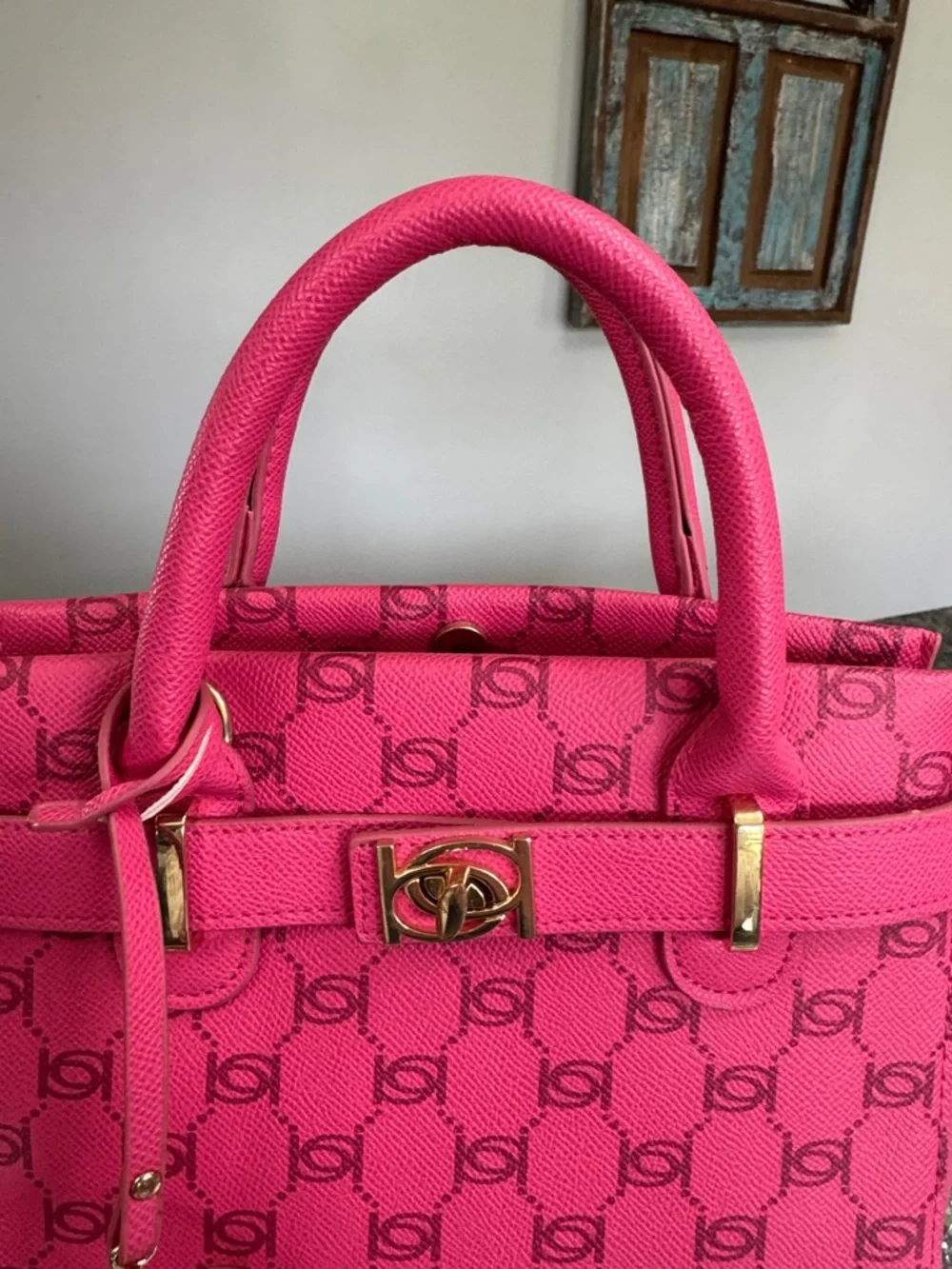 bebe Hot Pink Logo small Satchel with Gold-Tone Hardware and crossbody strap - Picture 3 of 16
